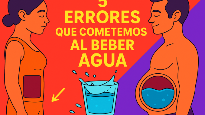 35 Errores Comunes al Beber Agua – Ilustración Educativa Ilustración colorida que muestra los 5 errores comunes al beber agua, con un hombre y una mujer de perfil, un vaso de agua en el centro y texto educativo sobre hidratación saludable.