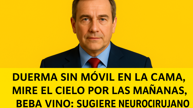 Consejos de un neurocirujano para una vida más saludable: duerma sin móvil, mire el cielo y beba vino Retrato de un neurocirujano mayor con traje formal y expresión seria, acompañado del texto: "Duerma sin el móvil en la cama, mire el cielo por las mañanas, beba vino, sugiere neurocirujano", sobre un fondo colorido y llamativo.